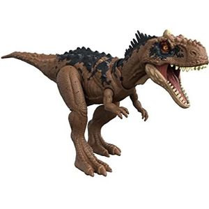 Jurassic World: Dominion Brullende Roofdieren Rajasaurus Vleesetende Dinosaurus, beweegbare actiefiguur met brullend geluid, bijtaanval met gestrekte nek, fysiek en digitaal speelplezier, 4 jaar