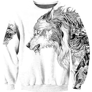 Odin Fenrir 3D Tattoo Pullover, Unisex Viking Wolf Lente en Herfst Outdoor Punk Street Sweatshirt met Ronde Hals, Celtic Pagan Kleding met Lange Mouwen (Color : Fenrir A, Size : XXL)