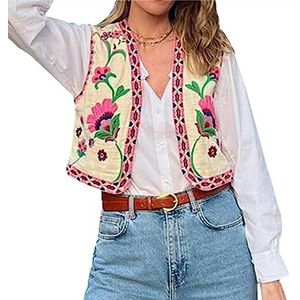 Dames vintage geborduurd vest crop topY2K mouwloos boho bloemenprint vest vintage open voorkant linnen gilet uitloper (kleur: roze, maat: M)