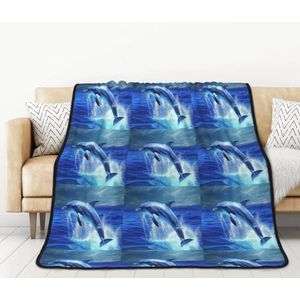 BEEOFICEPENG Deken, 152 x 203 cm dubbelzijdige deken reizen dekens zachte deken voor slaapbank, blauwe oceaan dolfijn print