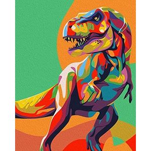 ARTNAPI Schilderen op nummer, voor volwassenen en kinderen, set met frame, 40 x 50 cm, kleurrijke T-Rex dinosaurus, doe-het-zelf olieverfschilderij op canvas, zeer grappig en ontspannend, anti-stress, leren schilderen