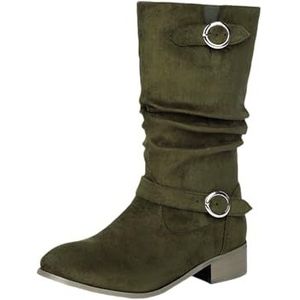 Plus Size Enkellaarsjes Damesmode Korte Laarzen Met Dubbele Gesp Retro Suède Enkellaarsjes Instaplaarzen Met Lage Hak Casual Instapschoenen for Lente, Herfst(Green,43 EU)