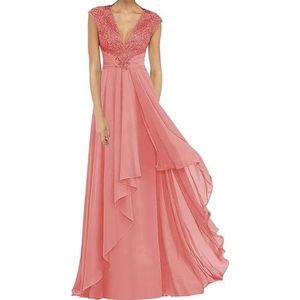 Dames chiffon moeder van de bruid jurk plooien Avond Prom jurken Cocktail Jurken Plus Size, Koraal, 32