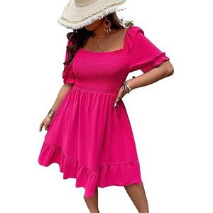 voor vrouwen jurk Plus jurk met vierkante hals, pofmouwen en ruches aan de zoom (Color : Hot Pink, Size : 3XL)