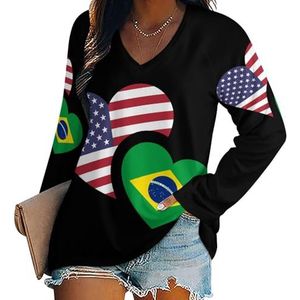 Brazilië Amerikaanse vlag dames V-hals shirt lange mouwen tops casual losse pasvorm blouses