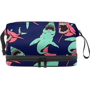 Grote capaciteit reizen cosmetische tas,Afschuwelijke groene gele roze haaien,Make-up tas,Waterdichte make-up tas organisator, Meerkleurig, 27x15x14 cm/10.6x5.9x5.5 in