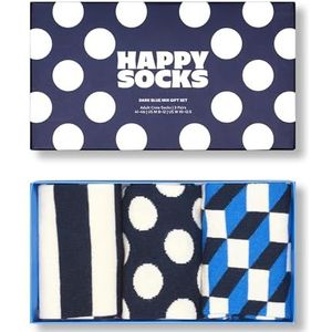Happy Socks 3-Pack Donkerblauwe Mix Sokken Cadeauset, kleurrijke katoenen sokken met leuke motieven