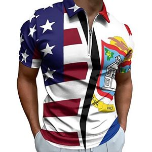 Verenigde Staten En Nederlandse Sint Maarten Vlag Half Zip-up Polo Shirts Voor Mannen Slim Fit Korte Mouw T-shirt Sneldrogende Golf Tops Tees 6XL