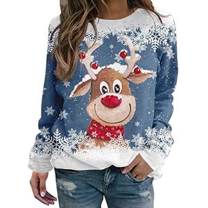 Kersttrui voor dames met schattige elandprint, sweatshirt met ronde hals, lange mouwen, Kerstmis, sport, casual, top, trui, winter, warm, bovenkleding voor vrouwen, #416, blauw 01, XL