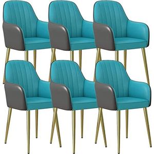 GEIRONV Lederen keukenstoelen set van 6, met ergonomische armleuningen rugleuning en koolstofstaal vergulde voetteller lounge woonkamer receptie stoel Eetstoelen ( Color : Blue+dark Gray , Size : 83*4