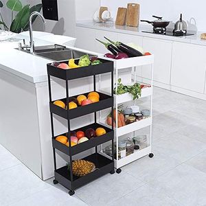 Opbergtrolleys met 4 Niveaus, Opbergwagen Verplaatsbaar voor Badkamer keuken en kantoor (Zwart + Wit)