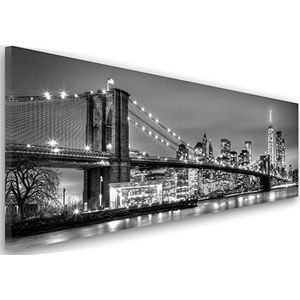 Feeby Panorama Foto op Canvas 1-delig 25x70 Langwerpige Wanddecoratie op Canvas Muurdecoratie Moderne Fotoprint Brooklyn Bridge New York Stad Wolkenkrabber Architectuur Zwart Wit
