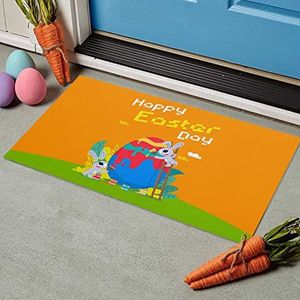 Agriism Voordeurmat, deurmat - Happy Easter schattig grappig konijntje borstelend ei illustratie laag profiel binnenmat voor thuis, kantoor tuin, garage, terras, 71 x 61 cm