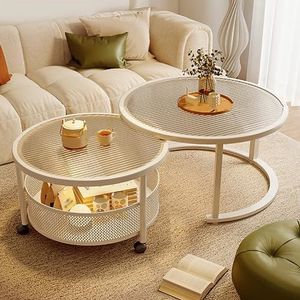 WWERTYY Nesting Salontafels Set van 2, Sofa Eindtafel Ronde Accent Tafels met Glas Tafelblad & Opbergmand, Middentafel met Metalen Frame voor Woonkamer Slaapkamer (80+60cm (31x24""), Helder)