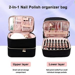 Nagellak Opbergtas Dubbellaags voor Manicure Accessoires Parfum Reizen, Zwart, 11.81inchx9.06inchx7.48inch