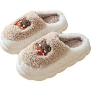 Slippers Pluizige Thuis Dikke Platform Slippers Vrouwen Mannen Winter Warme Pluche Slides Indoor Mooie Katoenen Schoenen, Khaki Beer, 36-37(fit 35-36)