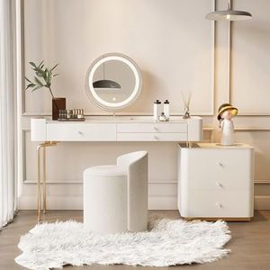 SZSXYBZ Wit modern kaptafel, make-up ijdelheid ronde spiegel kaptafel stoel, massief houten cosmetische tafel met laden, 3 kleuren verstelbare ijdelheid met verlichting (wit+gouden tafelpoten, 120 cm)