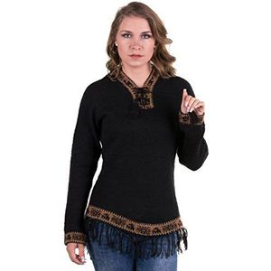 Gamboa Alpaka Kapuzenpullover für Damen, schwarz mit braunem Rand und eleganten Fransen Gr. M, Schwarz