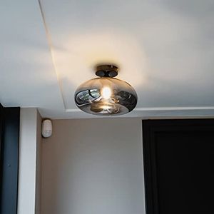 QAZQA - Art Deco Art deco plafondlamp zwart met smoke glas - Busa | Woonkamer | Slaapkamer | Keuken - Glas Rond - E27 Geschikt voor LED - Max. 1 x 40 Watt