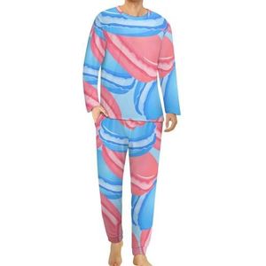 Leuke roze en blauwe macarons comfortabele heren pyjama set ronde hals lange mouwen loungewear met zakken 3XL