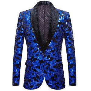 PYJTRL Herenmode fluweel pailletten bloemenpatroon blazer, Donkerblauw, L