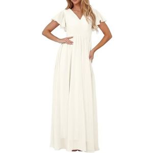 Bruidsmeisjesjurken met korte mouwen voor bruiloft, geplooide chiffon, formele avondfeest, maxi-jurk, V-hals, AH153, Ivoor, 32