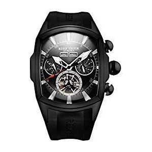 REEF TIGER Mannen Sport Horloges Zwart Staal Tourbillon Rubber Band Automatisch Horloge RGA3069, Rga3069-bbb, riem