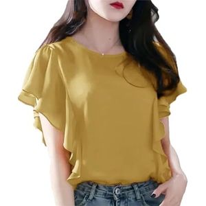Dames Casual Mode Ruches Patchwork O-hals Chiffon Blouses Dames Zomer Basic Oversized Effen Shirt, Geel, L