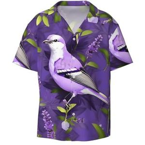 EdWal Vogel in paars lavendel bloemen bloemen print heren korte mouw button down shirts casual losse pasvorm zomer strand shirts heren jurk shirts, Zwart, S