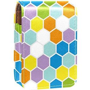 Lipgloss Houder Lipstick Case Draagbare Mini Lipstick Opbergdoos Reizen Lipstick Organizer Case met Spiegel voor Vrouwen Geel Blauw Wit Oranje Geometrische Zeshoek, Meerkleurig, 9.5x2x7 cm/3.7x0.8x2.7 in