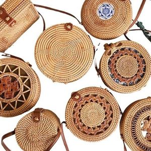 Rieten tassen, vierkant, rond, stro, multistijl, handtassen voor dames, zomertas, strandtas, boho-tas, strotas voor dames, Ronde, Eén maat