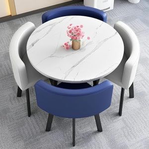 Heyijia Ronde kantoortafel, kleine vergadertafel voor 4 personen, ruimtebesparende vergadertafel eettafel, eenvoudig te monteren, voor kleine ruimtes (imitatie stenen tafel + 4 lederen stoelen)