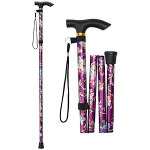 Inklapbare wandelstok met T-greep, in hoogte verstelbare loophulp voor senioren, gehandicapten, mannen en vrouwen, zwart (paarse bloem)