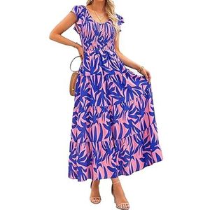 Zomerjurken for dames met flutter-mouwen en V-hals met botsende kleuren en bloemenstrandjurken (Color : Purple, Size : M)