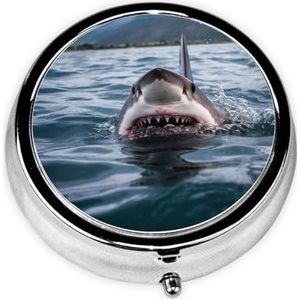 Pillendoosje met spiegel, retro pillendoosje met 3 compartimenten, Shark in The Lake, kleine pillenorganizer voor portemonnee of zak, decoratieve metalen medicijnen, vitamine-organizer, unieke