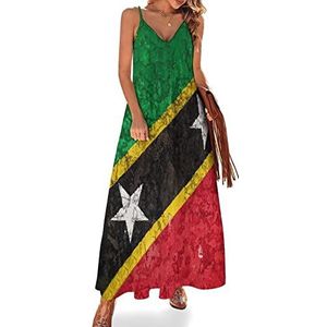 Vlag van Saint Kitts en Nevis Maxi-jurk voor dames, V-hals, mouwloos, spaghettibandjes, lange jurk