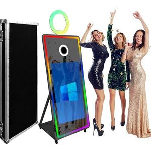 WideMeet 65 Inch Spiegel Fotocabine Draagbare 43 Inch Touchscreen Magische Spiegel Cabine Machine voor Bruiloften Feesten Evenementen (Zwarte Machine, 65 inch Fotocabine 43 Inch Screen Machine)