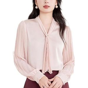 ROUZIHU Lint Chiffon Shirt Lente Commuter V-hals Los Shirt Lange Mouw Dames Shirt(Pink,XXL)