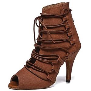 JUODVMP Latin Dance Schoenen Bruin Peep Toe Vrouwen Satijn Salsa Tango Party Laarzen Ballroom Dans Praktijk Hoge Hak Model L529, Bruin 7cm Hak, 40.5 EU