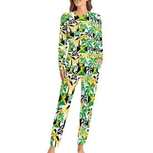 Palmbomen in Jamaica Kleuren Zachte Dames Pyjama Lange Mouw Warm Fit Pyjama Loungewear Sets met Zakken 4XL