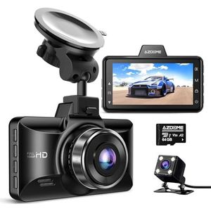 AZDOME M01 Pro Dashcam voor de auto, voor en achter, 1080p FHD autocamera met 64 GB SD-kaart, dubbele autocamera met parkeerbewaking, super nachtzicht, 150 graden groothoek, G-sensor, loop-opname