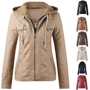 Oversized Leren Jas Damesjas Dames Lange Mouw Effen Vierkante Kraag Trendy Bovenkleding Winter Mode Capuchon Imitatie Motorjas(Khaki,7XL)
