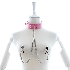 Leather Choker Collar with Nipples Breast Clamp | Adjustable Metal Nipple Clamps | Entertainment Clip for Women | Non-Piercing Nipple Rings Clip | On Nipple Rings Decorative Clip Accessories (Pink)