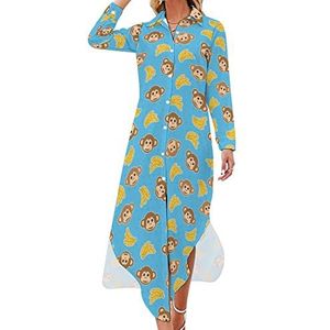 Maxi-jurk met aap en bananenpatroon, lange mouwen, knoopjurk, casual feestjurk, lange jurk, 4XL