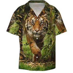 EdWal Tiger in The Jungle Print Heren Korte Mouw Button Down Shirts Casual Losse Fit Zomer Strand Shirts Heren Jurk Shirts, Zwart, XXL