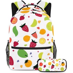 Wees de trendsetter met deze rugzak en etui combinatie, perfecte schooltassenset voor jongens, meisjes en tieners, kleurrijk fruitpatroon, Meerkleurig, B：29.4x20x40cm P：19x7.5x3.8cm, Rugzakken