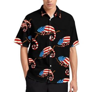 Kameleon gekleurde Amerikaanse vlag zomer herenoverhemden casual korte mouw button down blouse strand top met zak XS
