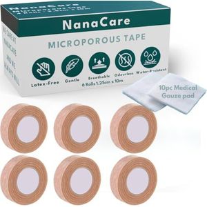 NanaCare Tan Paper Chirurgische Tape 1/2"" x 11yd (6 rollen) +10 st gaaspads | Microporeuze micropore tape | Huidgekleurde neustape | Medische tape voor huid, dressings en neuscorrectie herstel