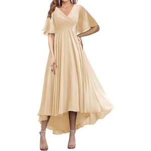 WSEYU Korte Mouw Moeder Van De Bruid Bruidegom Jurken Chiffon Kralen Formele Avond Grootmoeder Jurken Thee Lengte ZM194, Champagne, 32