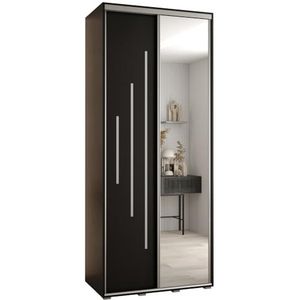 MEBLE KRYSPOL Davos 13 110 Kledingkast met twee schuifdeuren voor slaapkamer - Moderne Kledingkast met spiegel, kledingroede en planken - 235,2x110x45 cm - Zwart Zwart Zilver